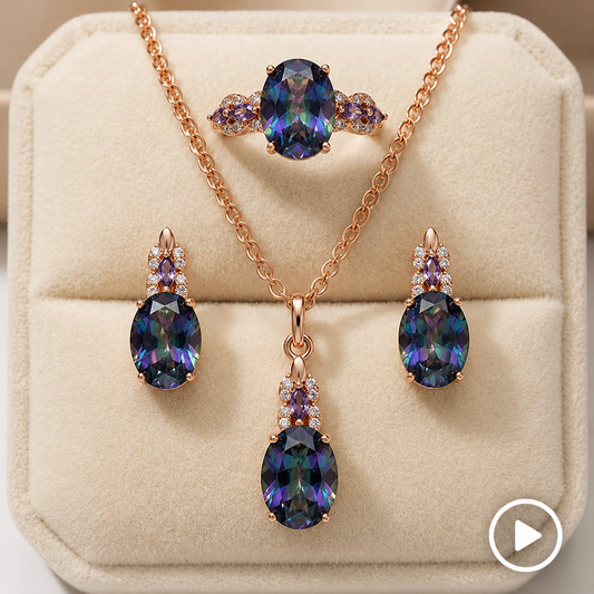 Parure Perle Zircon Multicolore Bague Boucles d'Oreilles Collier 585 Or Rose