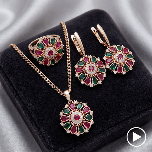Schmuckset Blume Zirkon Ring Ohrringe Halskette 585 Roségold Ethnisch