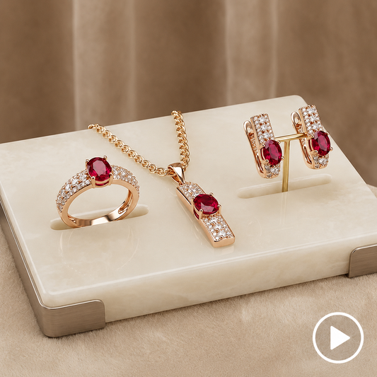 Schmuckset Rot Zirkon Ring Ohrringe Halskette 585 Roségold Hochzeit