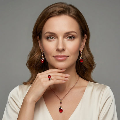 Schmuckset Roter Stein Zirkon Hochzeit Roségold – Ring & Kette