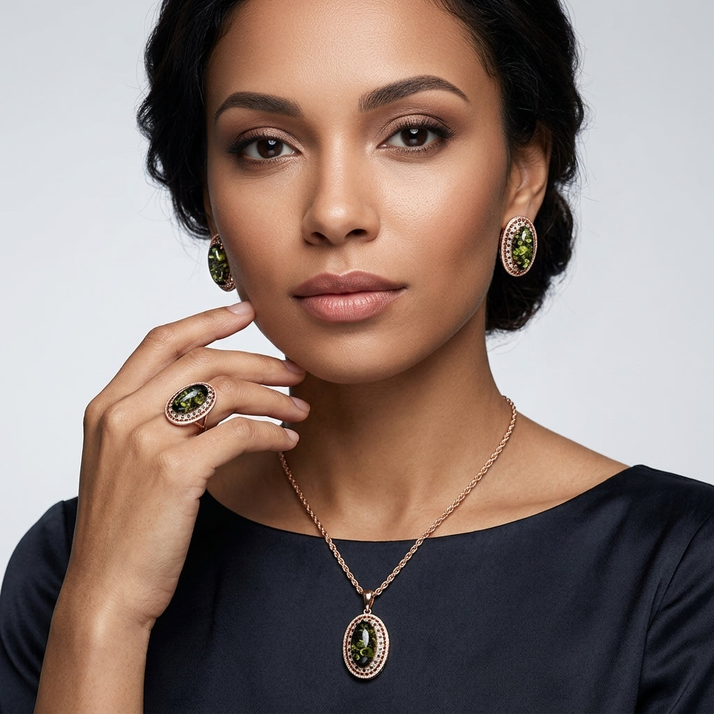 Schmuckset Grüner Bernstein Oval Roségold – Ring & Kette