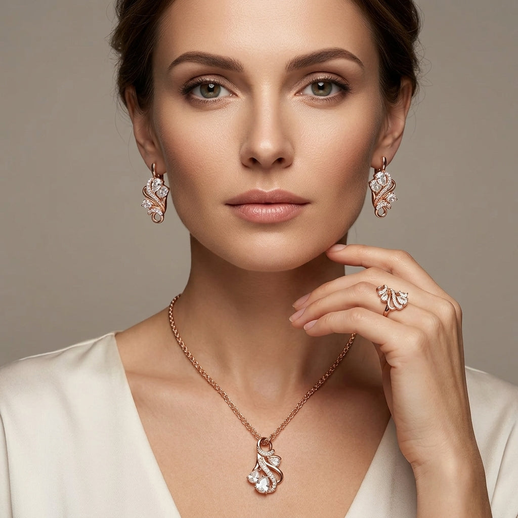 Schmuckset Ethno Hohlmuster Zirkon Braut Roségold – Ring & Kette