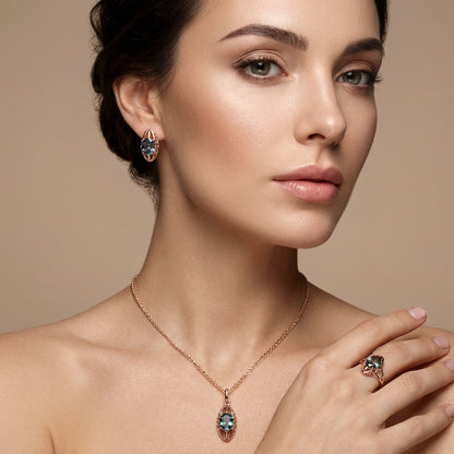 Rosegold Schmuckset 3tlg Zirkon Ohrringe Ring Halskette
