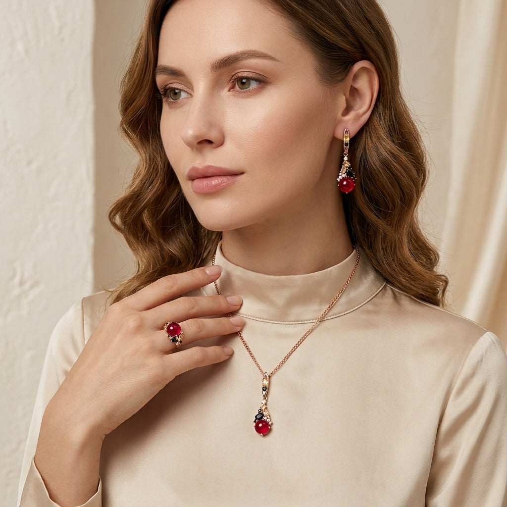 Schmuckset Roter Stein Zirkon Hochzeit Roségold – Ring & Kette