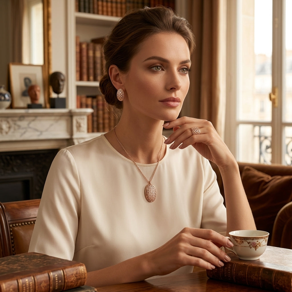 Parure Zircon Ethnique Brillant Or Rose 585 Mariée – Bague & Collier