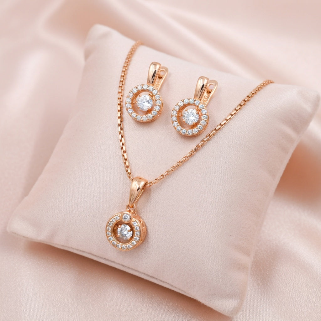 Glänzendes Weißes Zirkon Schmuckset Damen 585er Roségold Silber Hochzeit