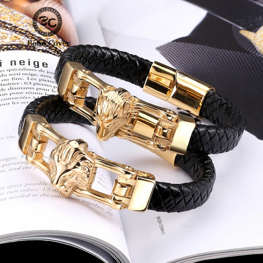 Echtes Leder Armband im Punk Design mit Löwe, Wolf und Leopardenmotiven