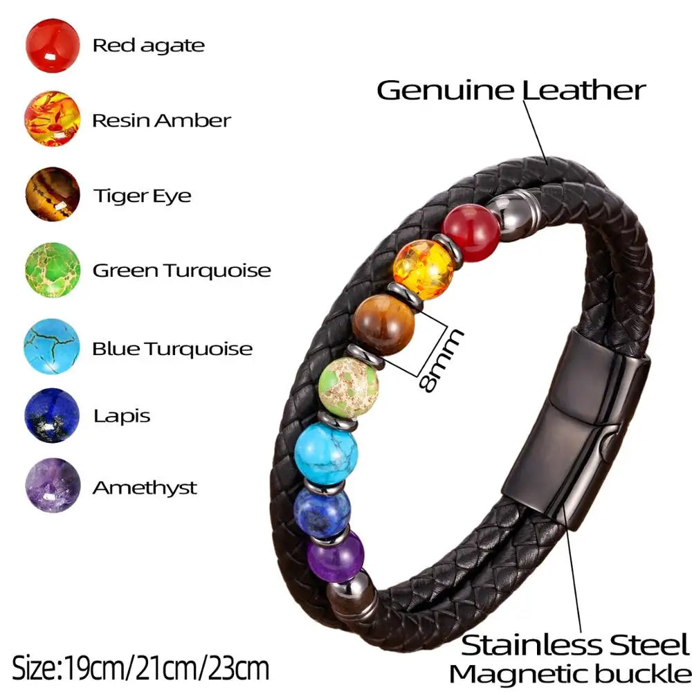 Chakra Armband aus natürlichem Stein für Männer und Frauen - Klassisches Lederdesign