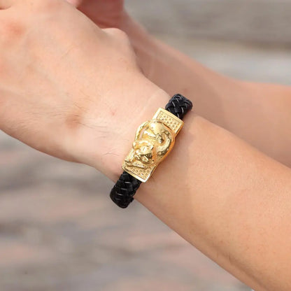 Echtes Leder Armband im Punk Design mit Löwe, Wolf und Leopardenmotiven