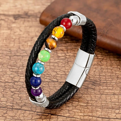 Chakra Armband aus natürlichem Stein für Männer und Frauen - Klassisches Lederdesign