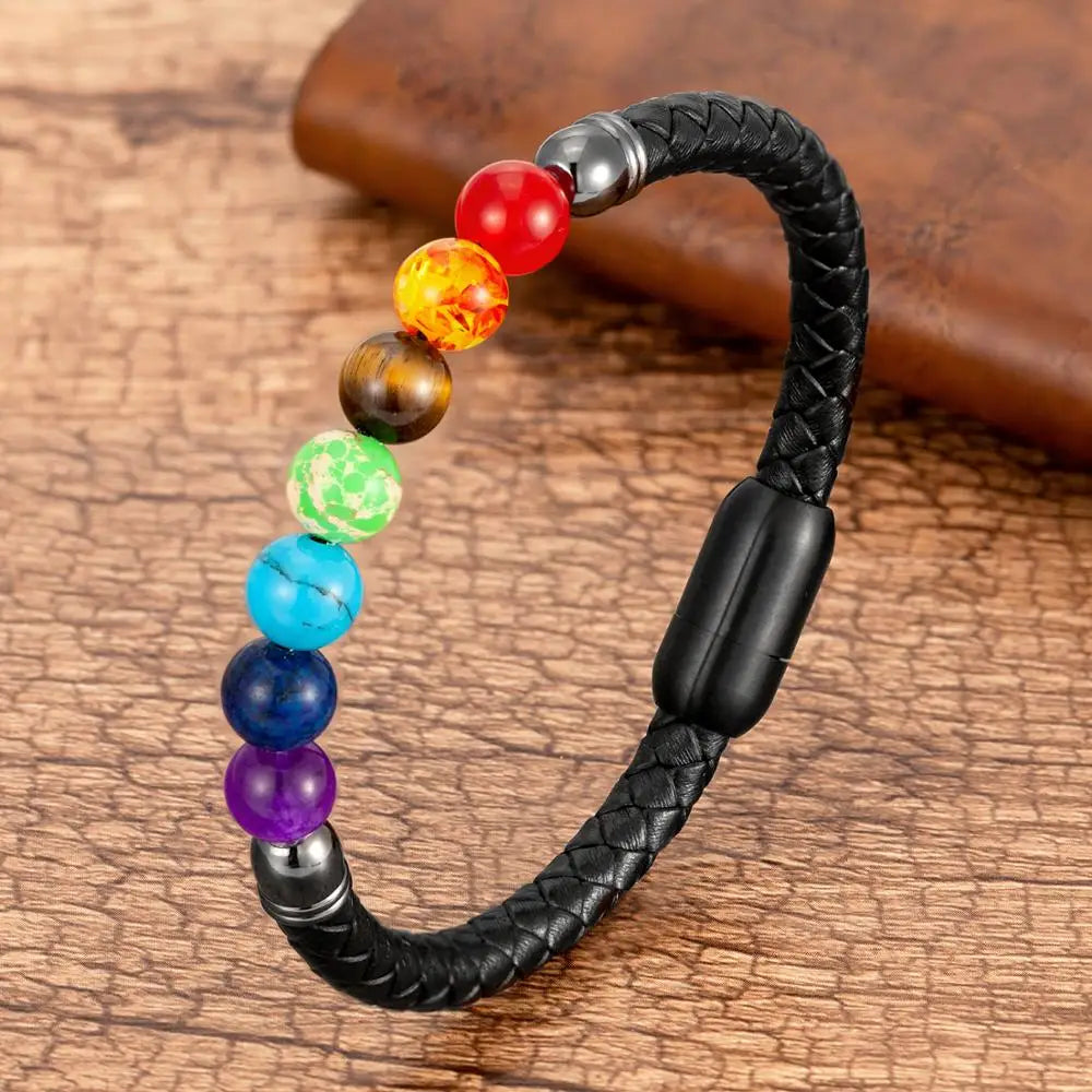 Chakra Armband aus natürlichem Stein für Männer und Frauen - Klassisches Lederdesign