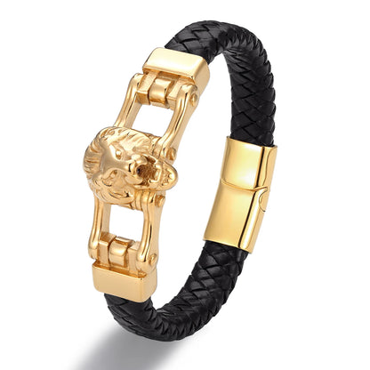 Echtes Leder Armband im Punk Design mit Löwe, Wolf und Leopardenmotiven