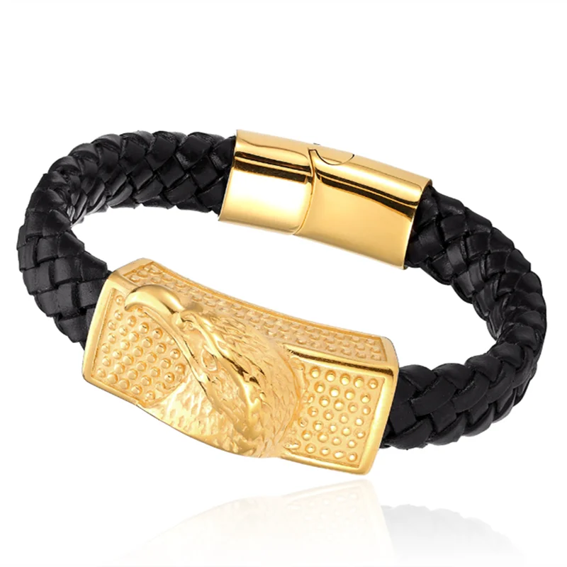Echtes Leder Armband im Punk Design mit Löwe, Wolf und Leopardenmotiven