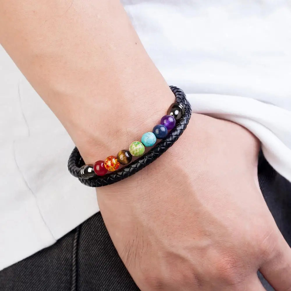 Chakra Armband aus natürlichem Stein für Männer und Frauen - Klassisches Lederdesign
