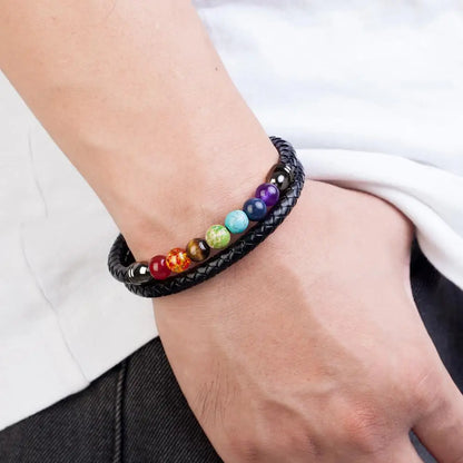 Chakra Armband aus natürlichem Stein für Männer und Frauen - Klassisches Lederdesign
