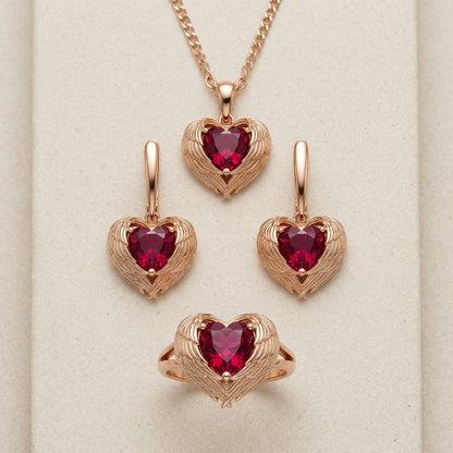 Rotes Zirkon Schmuck Set Damen 585 Roségold Ring Ohrringe Halskette Vintage