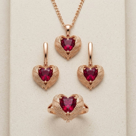 Rotes Zirkon Schmuck Set Damen 585 Roségold Ring Ohrringe Halskette Vintage