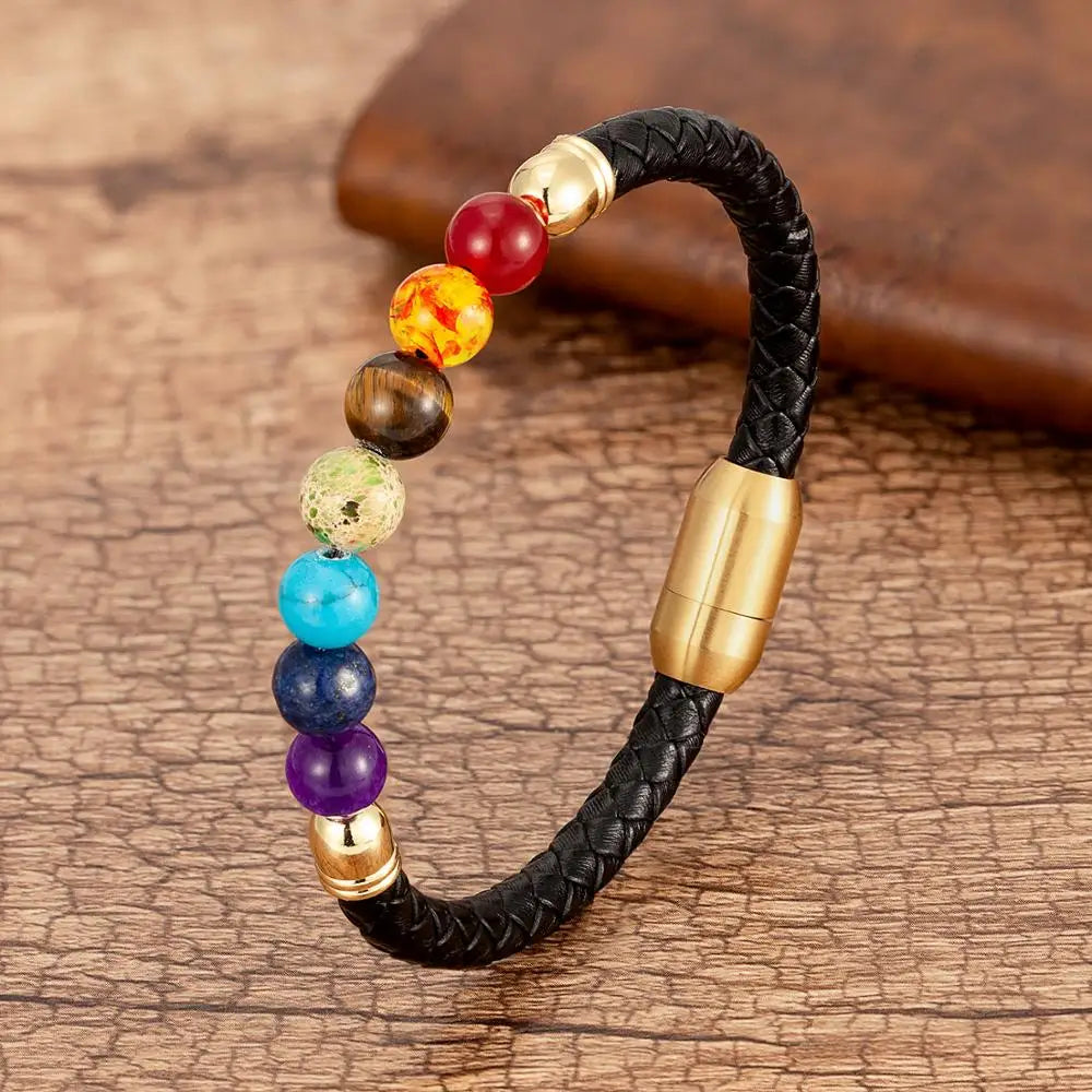 Chakra Armband aus natürlichem Stein für Männer und Frauen - Klassisches Lederdesign
