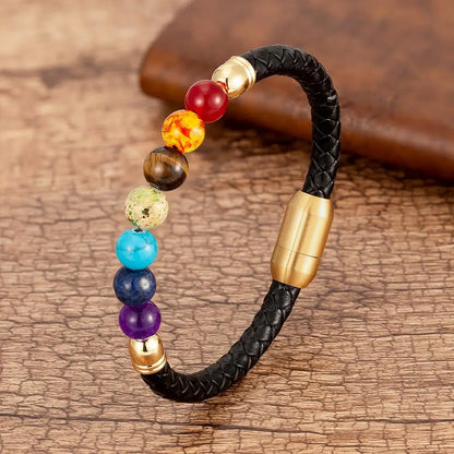 Chakra Armband aus natürlichem Stein für Männer und Frauen - Klassisches Lederdesign