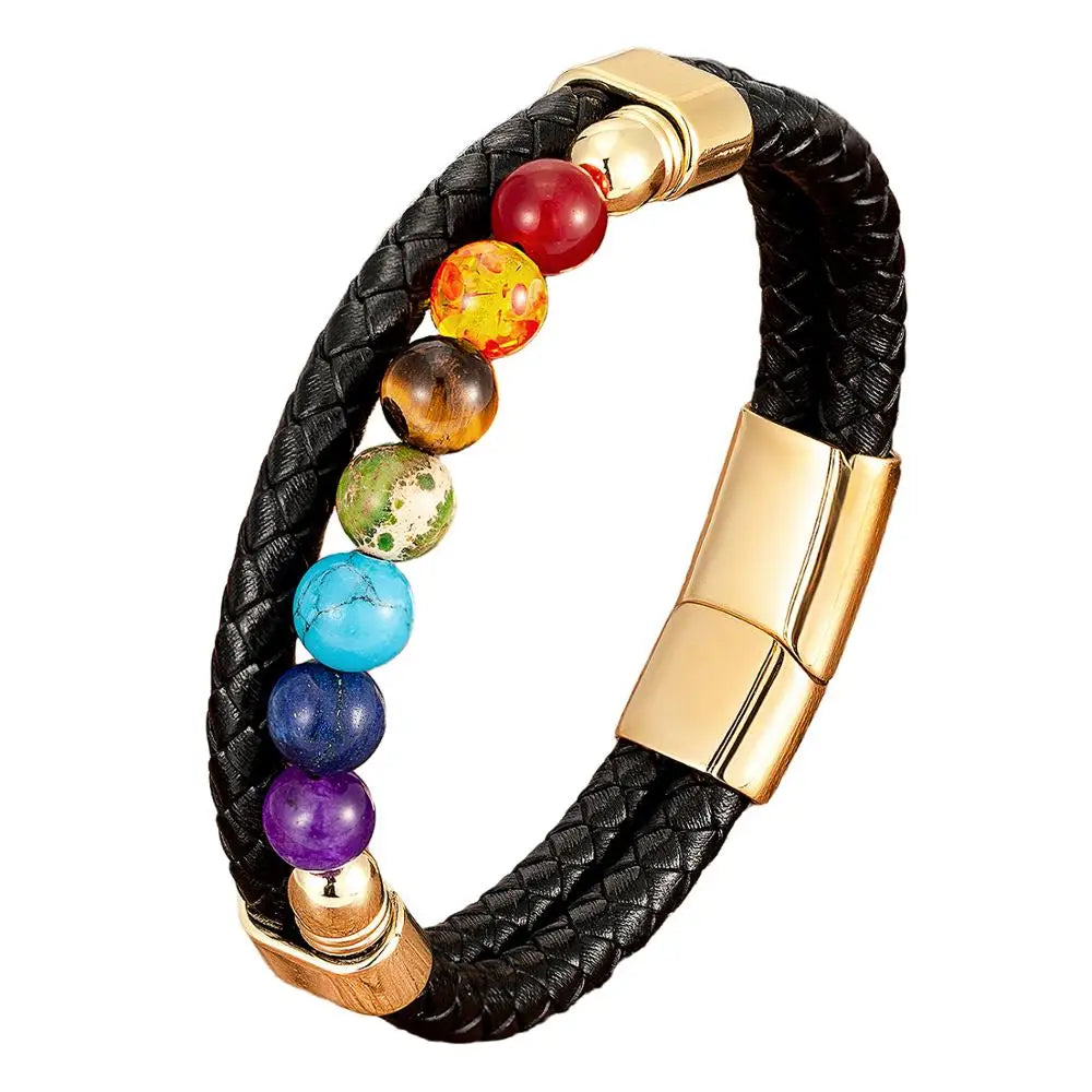 Chakra Armband aus natürlichem Stein für Männer und Frauen - Klassisches Lederdesign