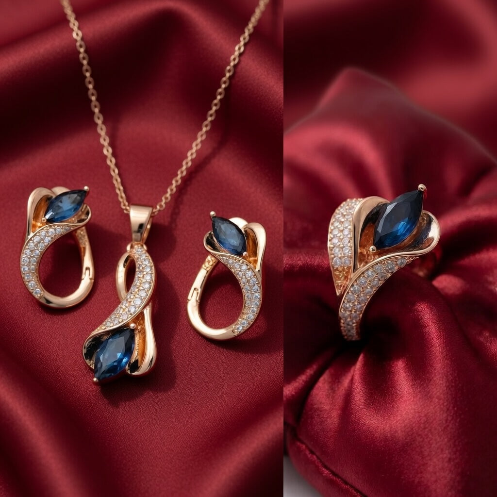 Hochglänzende Lila Zirkon Schmucksets Damen 585 Roségold Ring Ohrringe Halskette