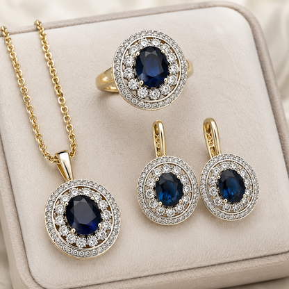 Schmuckset Ovaler Blauer Zirkon 14K Vergoldet – Ring & Kette