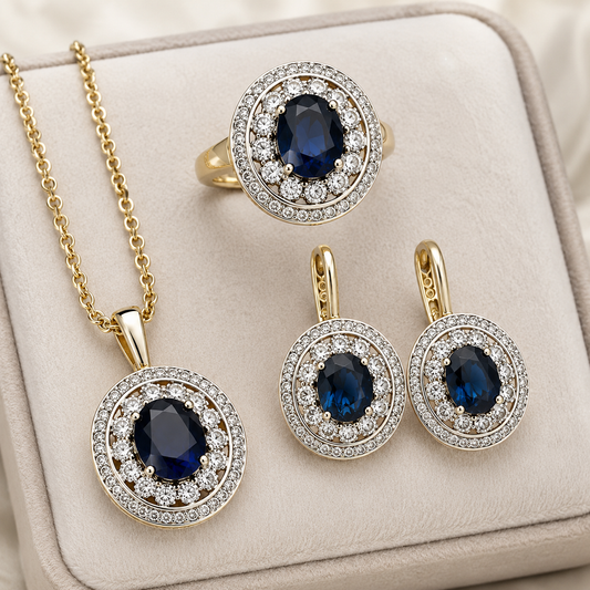 Schmuckset Ovaler Blauer Zirkon 14K Vergoldet – Ring & Kette