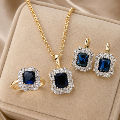 Schmuckset Quadrat Blauer Zirkon 14K Vergoldet