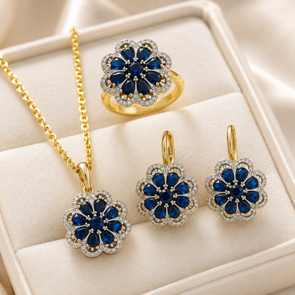 Parure Zircon Bleu Plaqué Or 14K Vintage – Bague & Collier