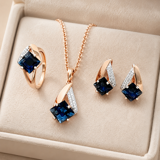 Schmuckset Quadrat Blauer Zirkon Silber Roségold – Ring & Kette