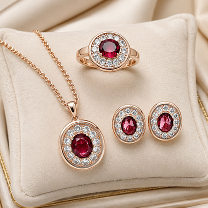 Schmuckset Roter Zirkon Blüte Vintage Roségold – Ring & Kette