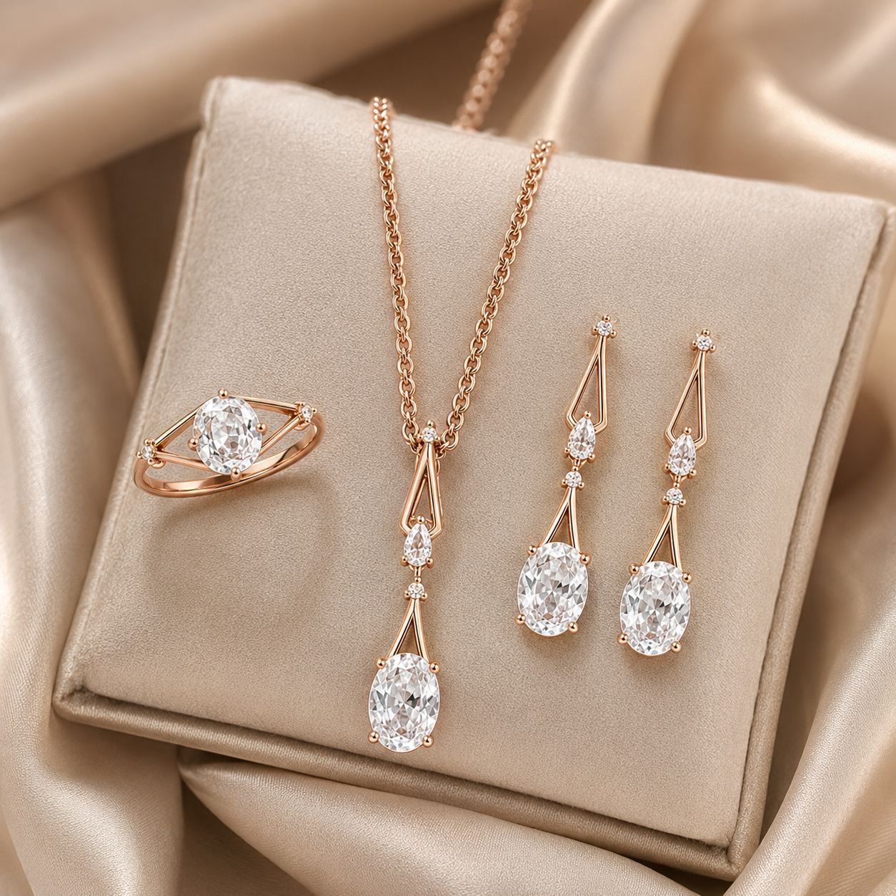 Schmuckset Quadrat Blauer Zirkon Silber Mix Roségold – Ring & Kette
