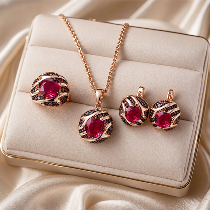 Schmuckset Roter Zirkon Schwarzgold Mix Roségold