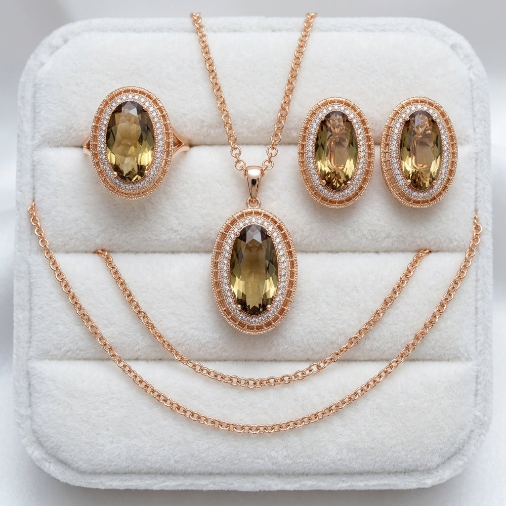 Parure Zircon Ovale Marron Mariage Femme Or Rose