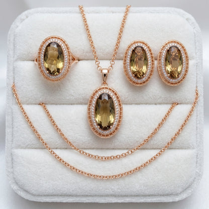 Parure Zircon Ovale Marron Mariage Femme Or Rose