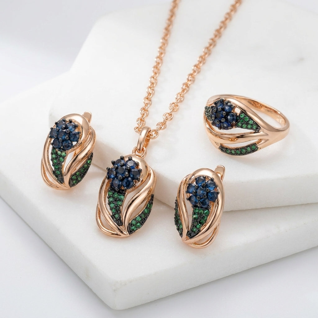 Schmuckset Roségold Zirkon Blau Grün Vintage Damen