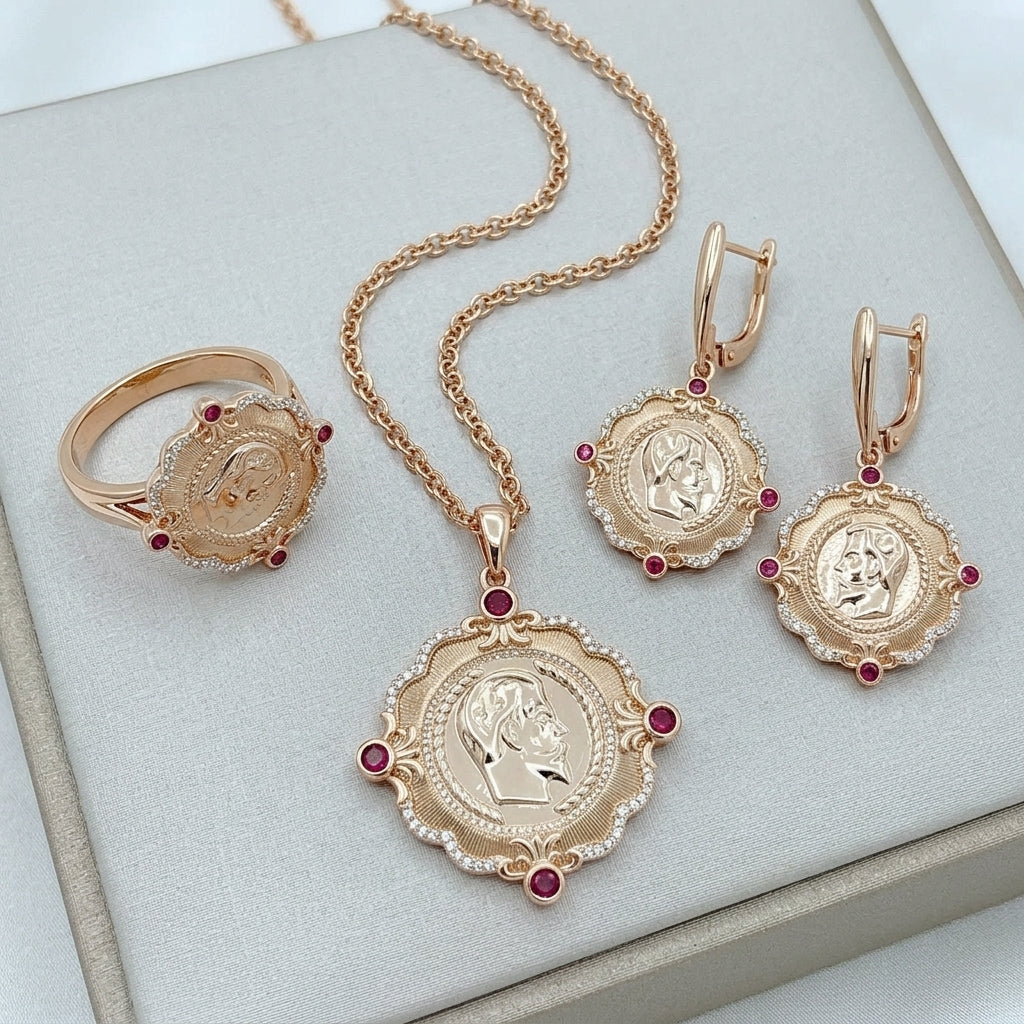 Schmuckset Roter Zirkon Ethno Luxus Roségold – Ring & Kette