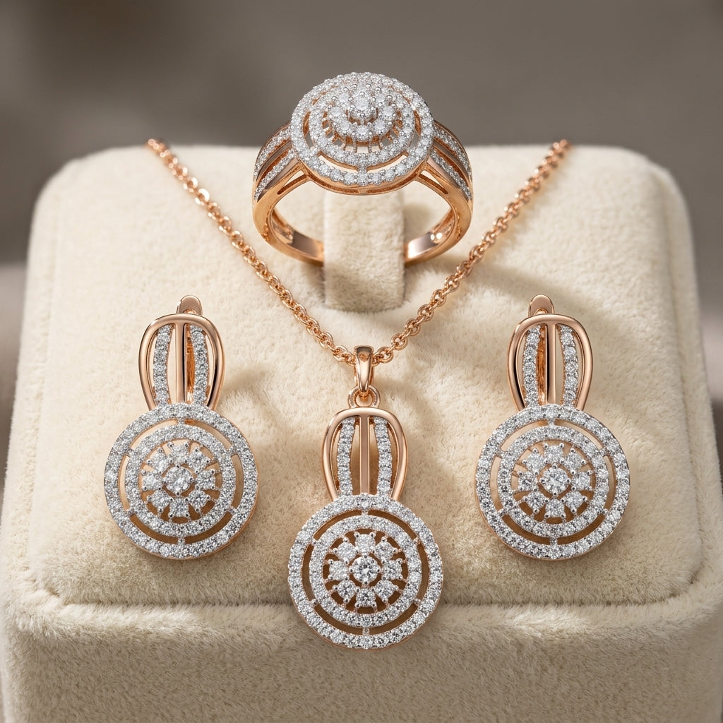 Zirkon Schmuckset Für Damen Ring Ohrringe Halskette Rosegold