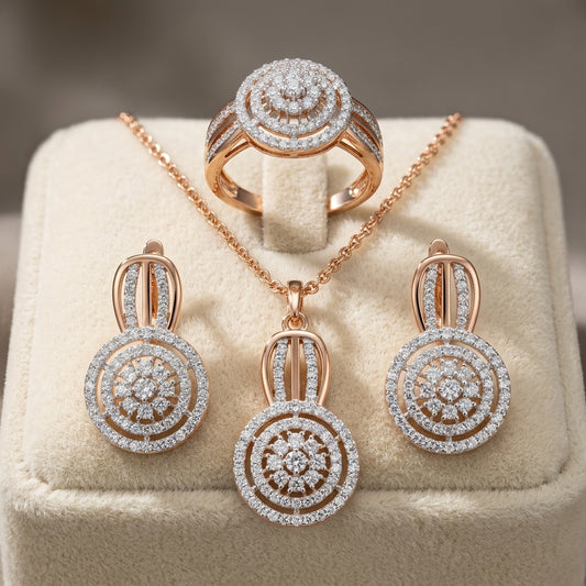 Zirkon Schmuckset Für Damen Ring Ohrringe Halskette Rosegold