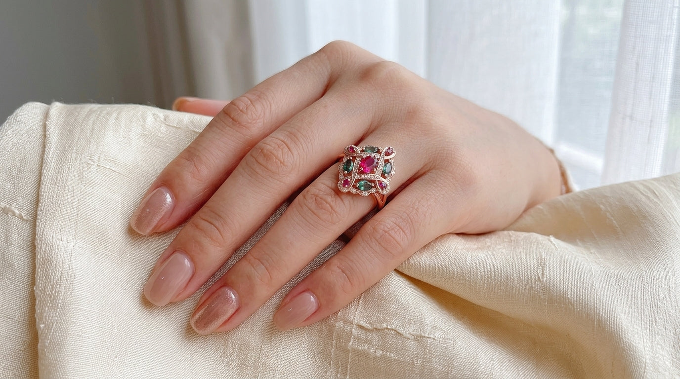 Parure Vintage Ethnique Or Rose Zircon Vert Rouge