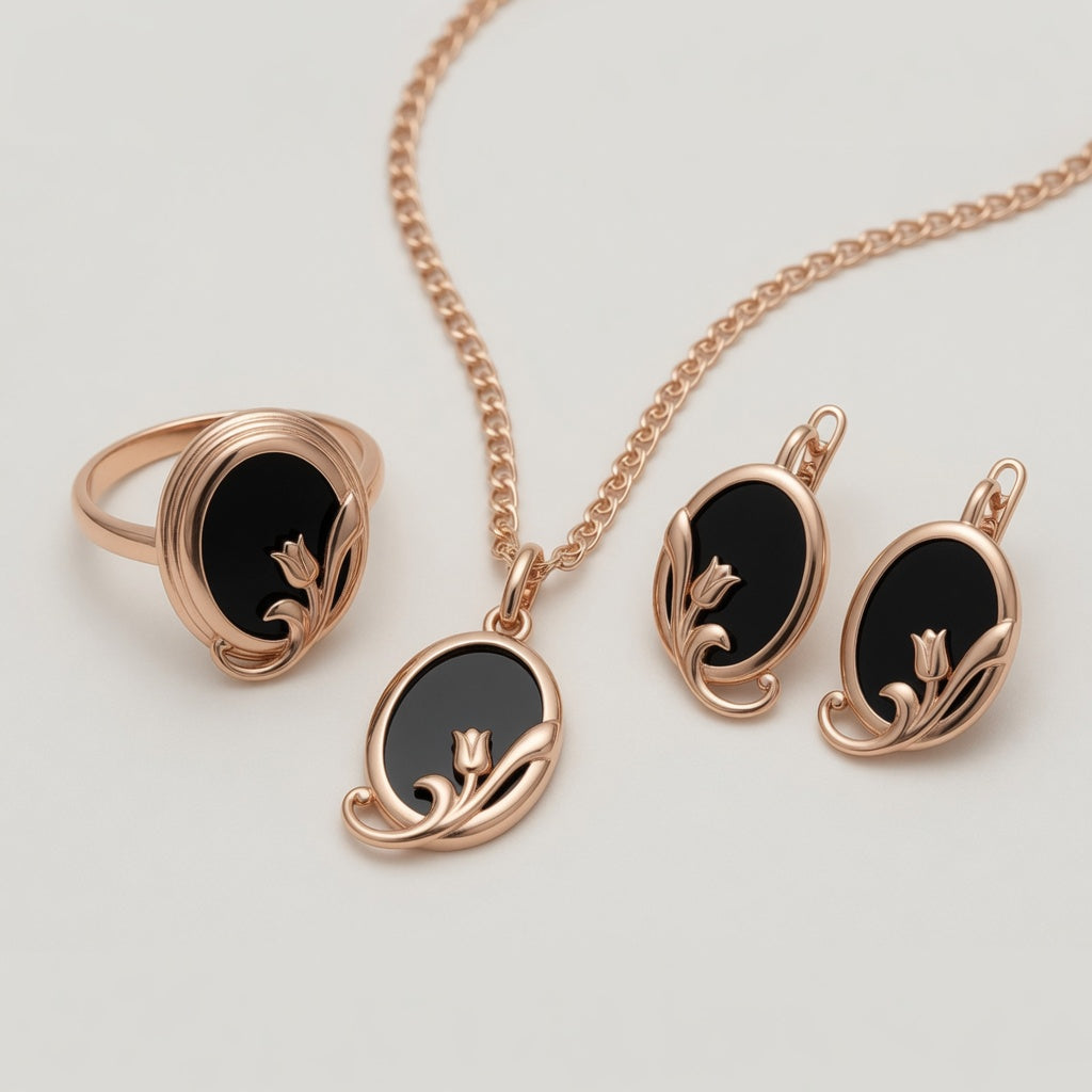 Ovaler Schwarzer Stein Schmuckset Rose Gold 585 Damen