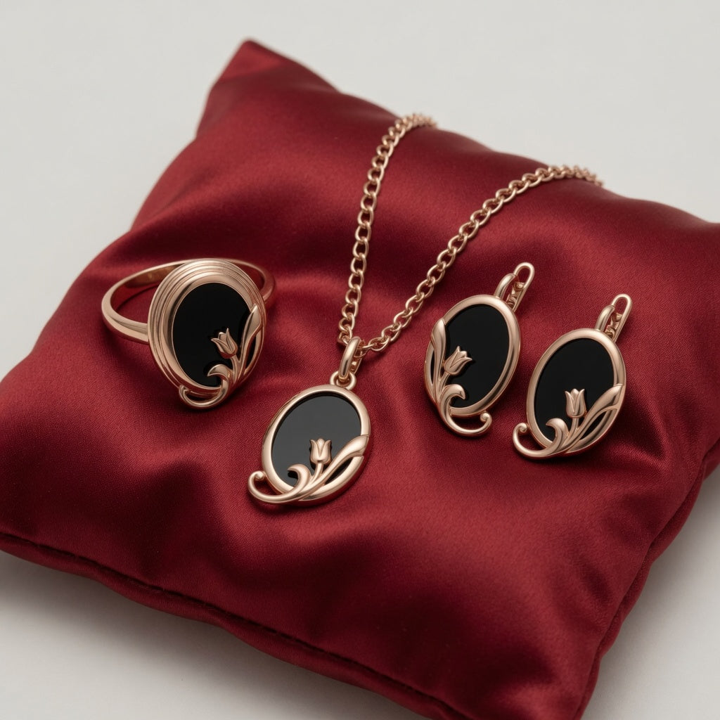 Ovaler Schwarzer Stein Schmuckset Rose Gold 585 Damen