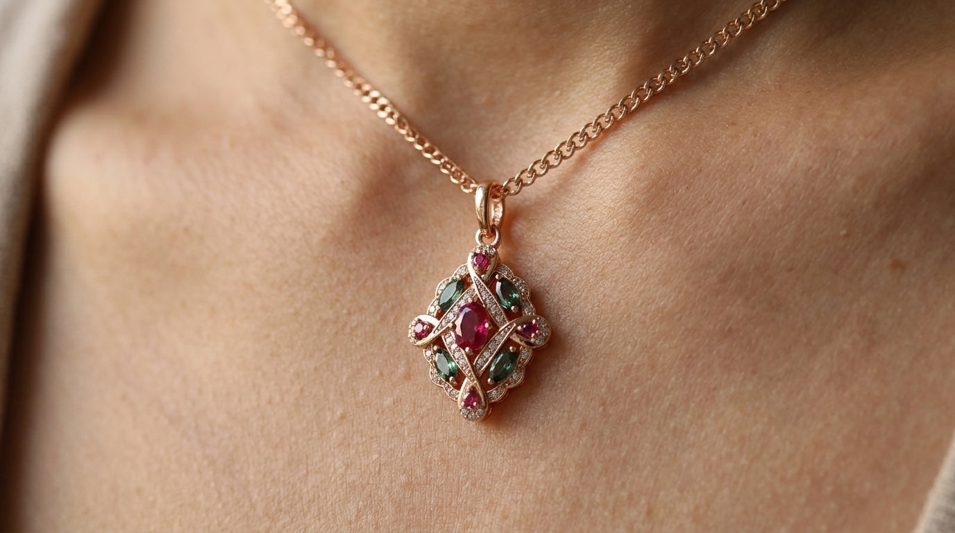 Parure Vintage Ethnique Or Rose Zircon Vert Rouge
