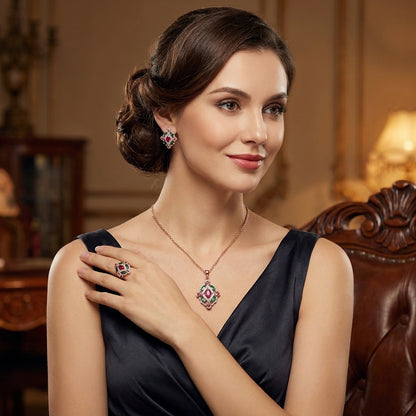 Parure Vintage Ethnique Or Rose Zircon Vert Rouge