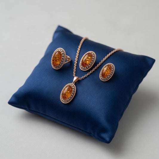 Schmuckset Ovaler Bernstein Ring Ohrringe Halskette Frauen 585 Roségold Zirkon Vintage