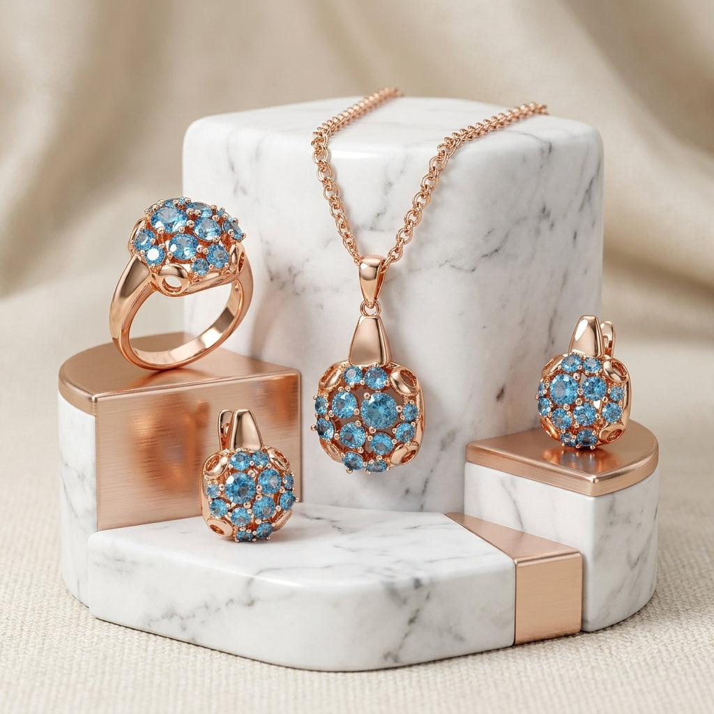Schmuckset Blauer Zirkon Alltagsschmuck Roségold – Ring & Kette