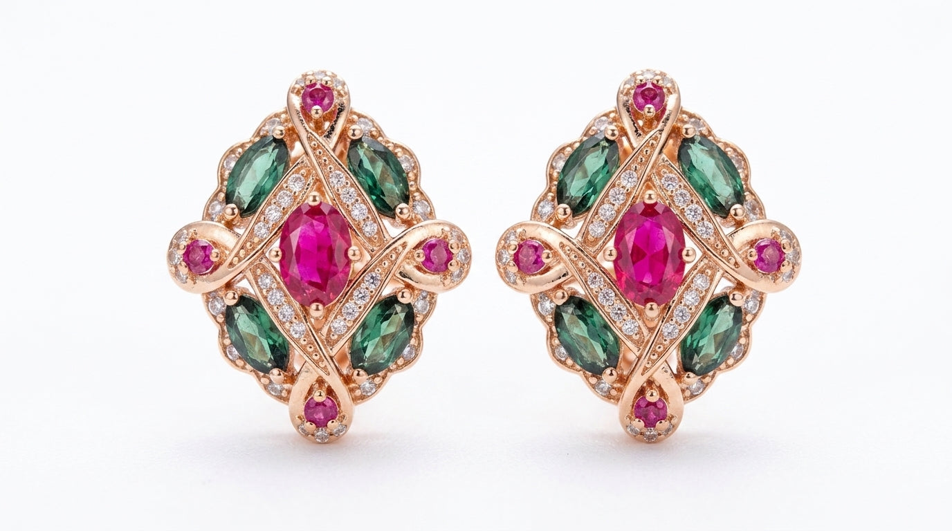 Parure Vintage Ethnique Or Rose Zircon Vert Rouge