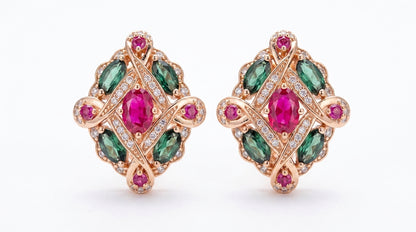 Parure Vintage Ethnique Or Rose Zircon Vert Rouge