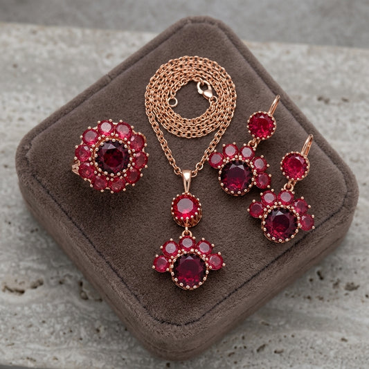 Schmuckset Runder Roter Zirkon Vintage Roségold – Ring & Kette