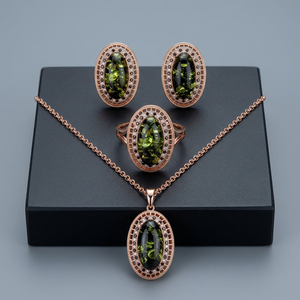 Schmuckset Grüner Bernstein Oval Roségold – Ring & Kette